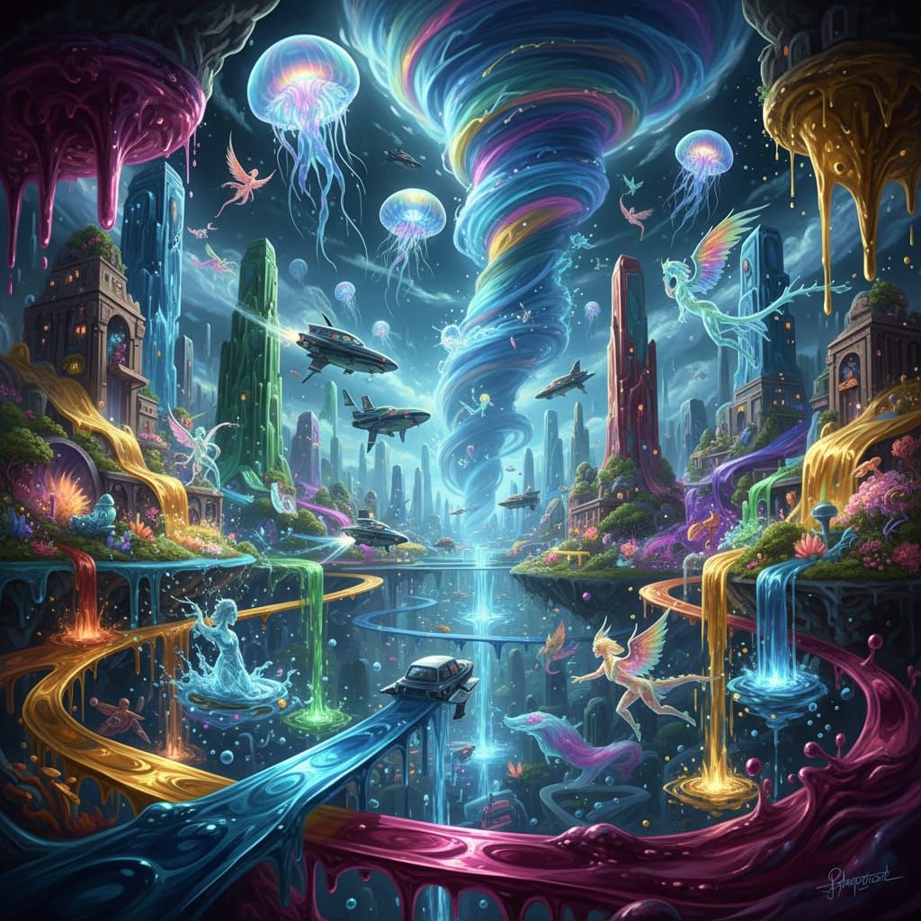 Surreal Liquid City: Dripping Skyscrapers and Neon Rivers