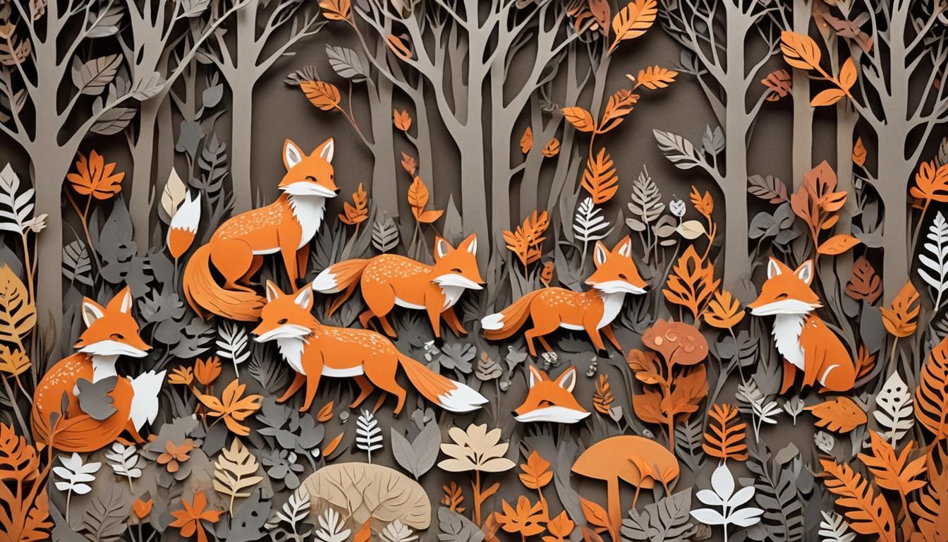 Whimsical Paper-Cut Forest Scene with Woodland Creatures