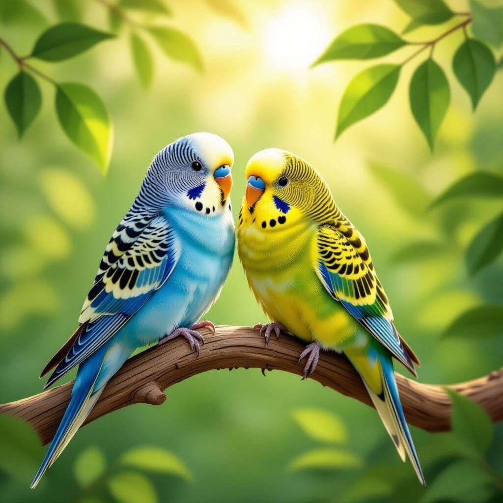 Two Budgies Preening on a Branch in Sunlit Aviary