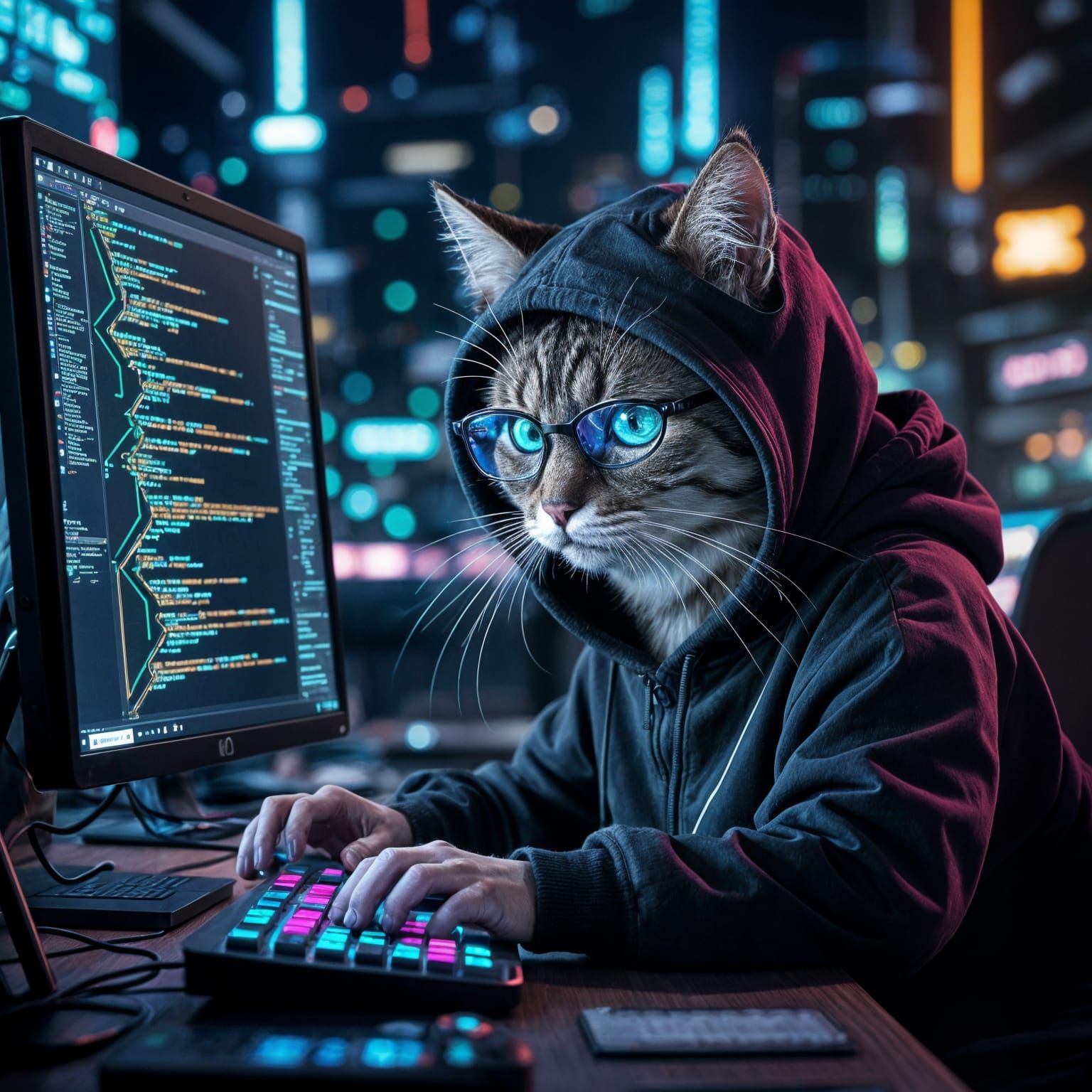 Anthropomorphic Cat Hacker in Fantasy Concept Art Style