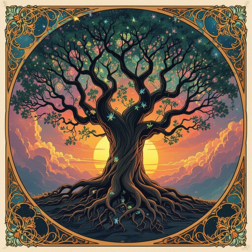 Cosmic Tree Reaching Binary Sunset in Art Nouveau Style