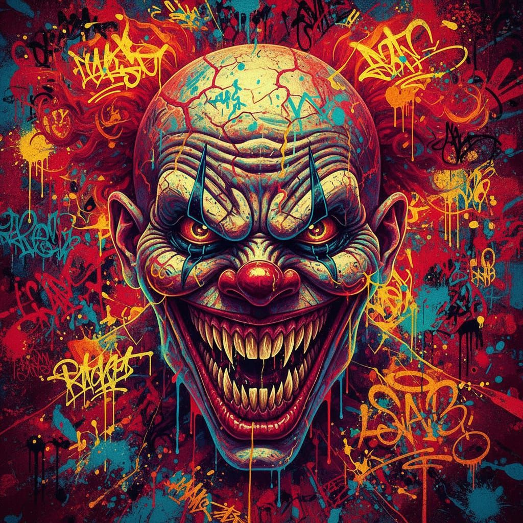 Terrifying Neon Clown Face with Sharp Teeth in 3D