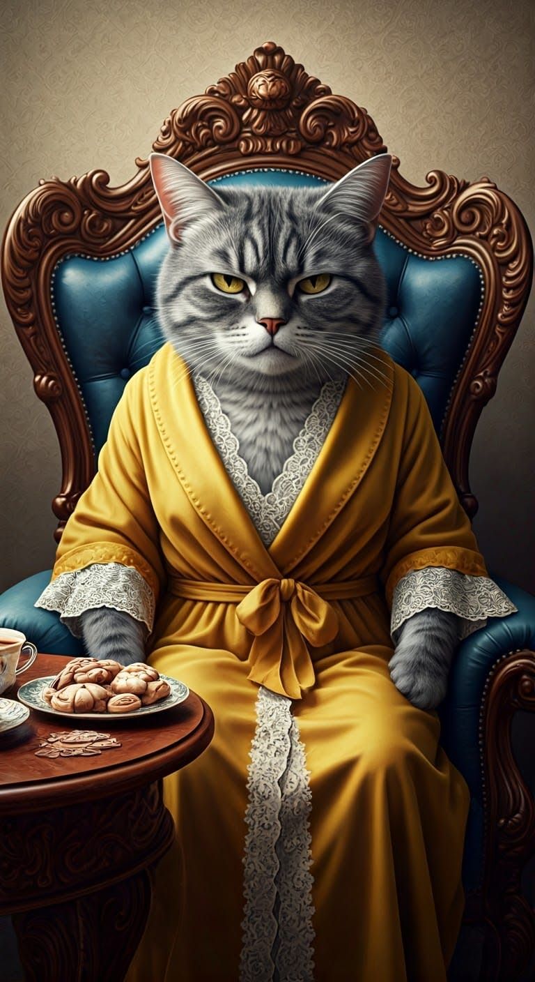 Regal Gray Tabby Cat in Vibrant Yellow Dressing Gown