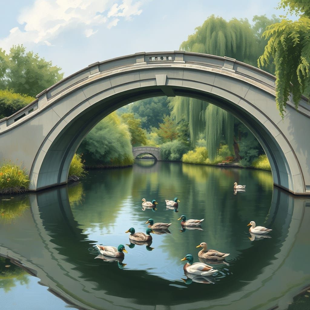 Serenely Curved Arc Bridge Reflects in Calm Water