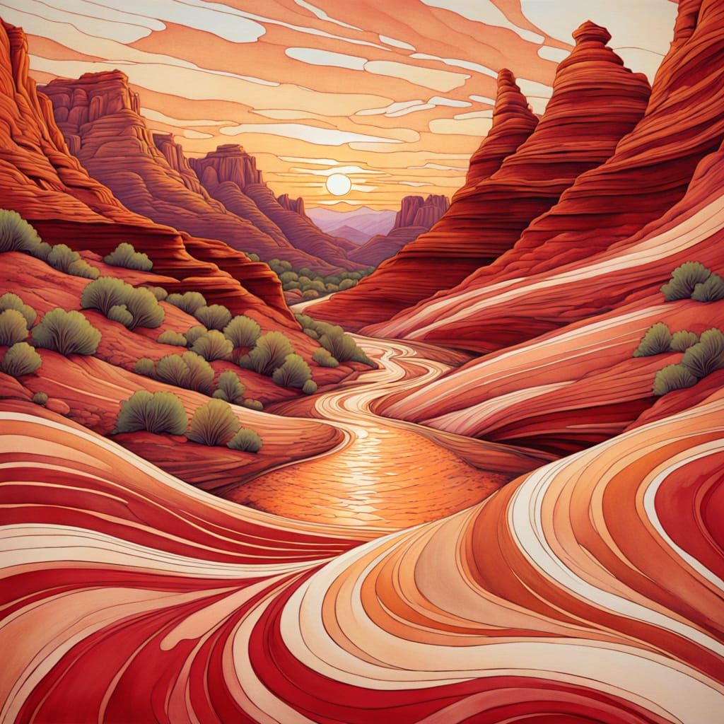 Desert Canyon Art Nouveau Etching with Reflective Stream