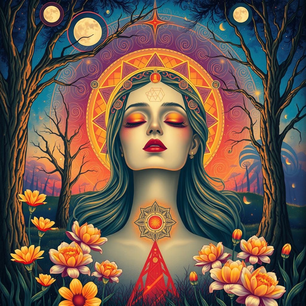 Surreal Enchanted Goddess in Dreamlike Forest with Sacred Ge...
