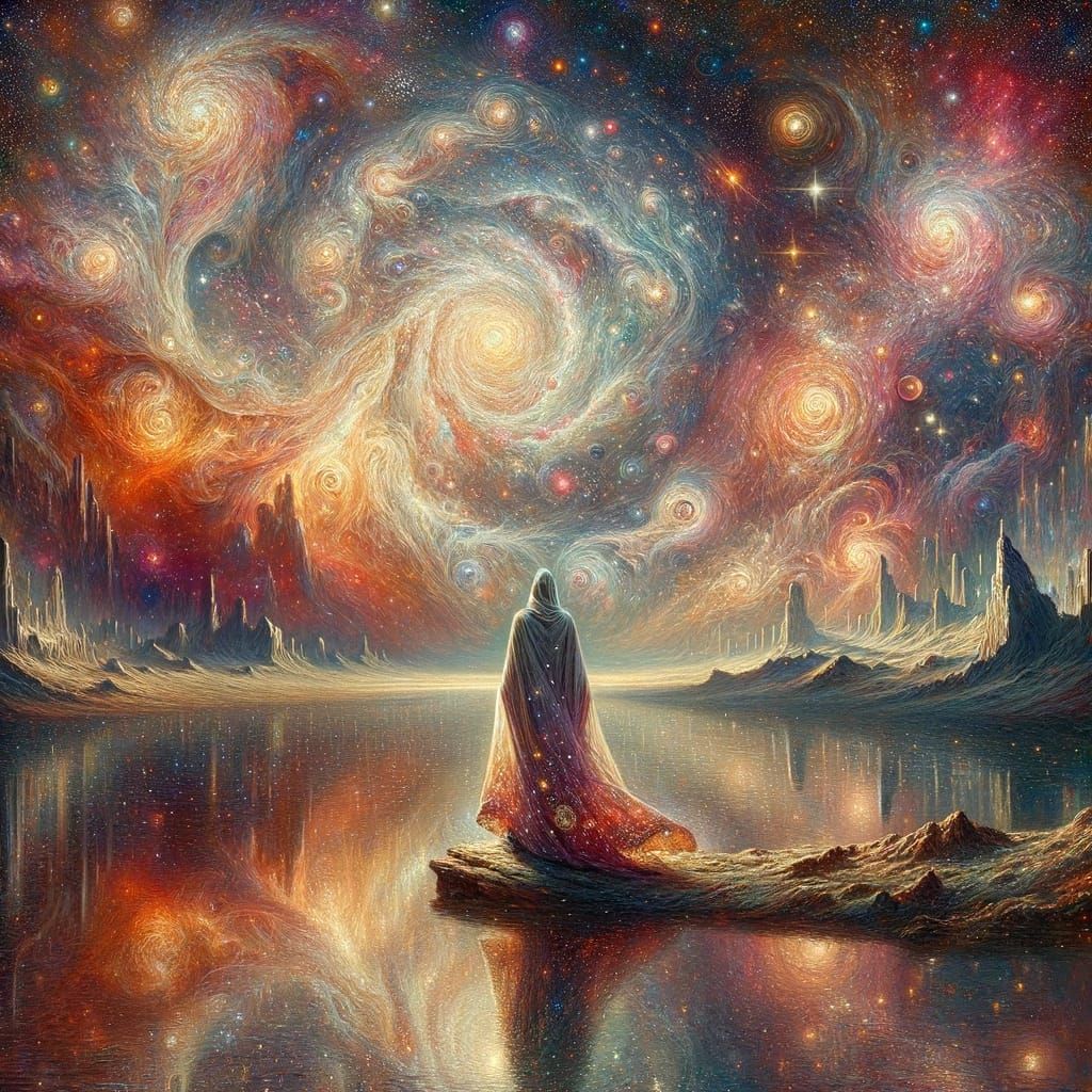 Solitary Figure Gazing at Swirling Galaxies in a Celestial L...