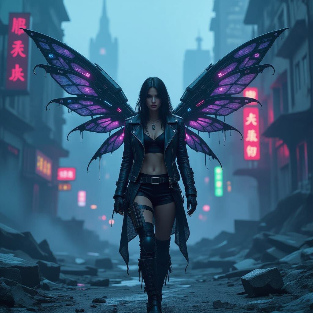 Cyberpunk Fairy in Ruined Cityscape