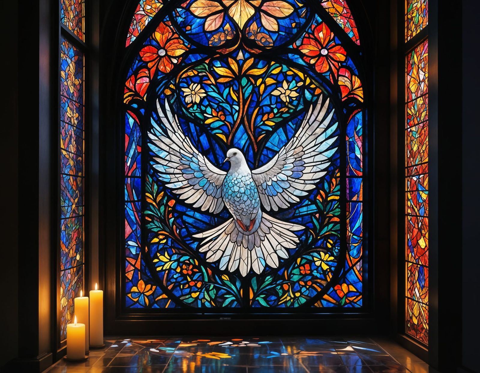 Elegant Dove in Stained Glass Window Scene
