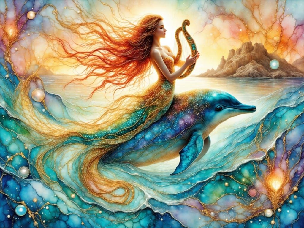 Radiant Mermaid on Dolphin in Ethereal Watercolor