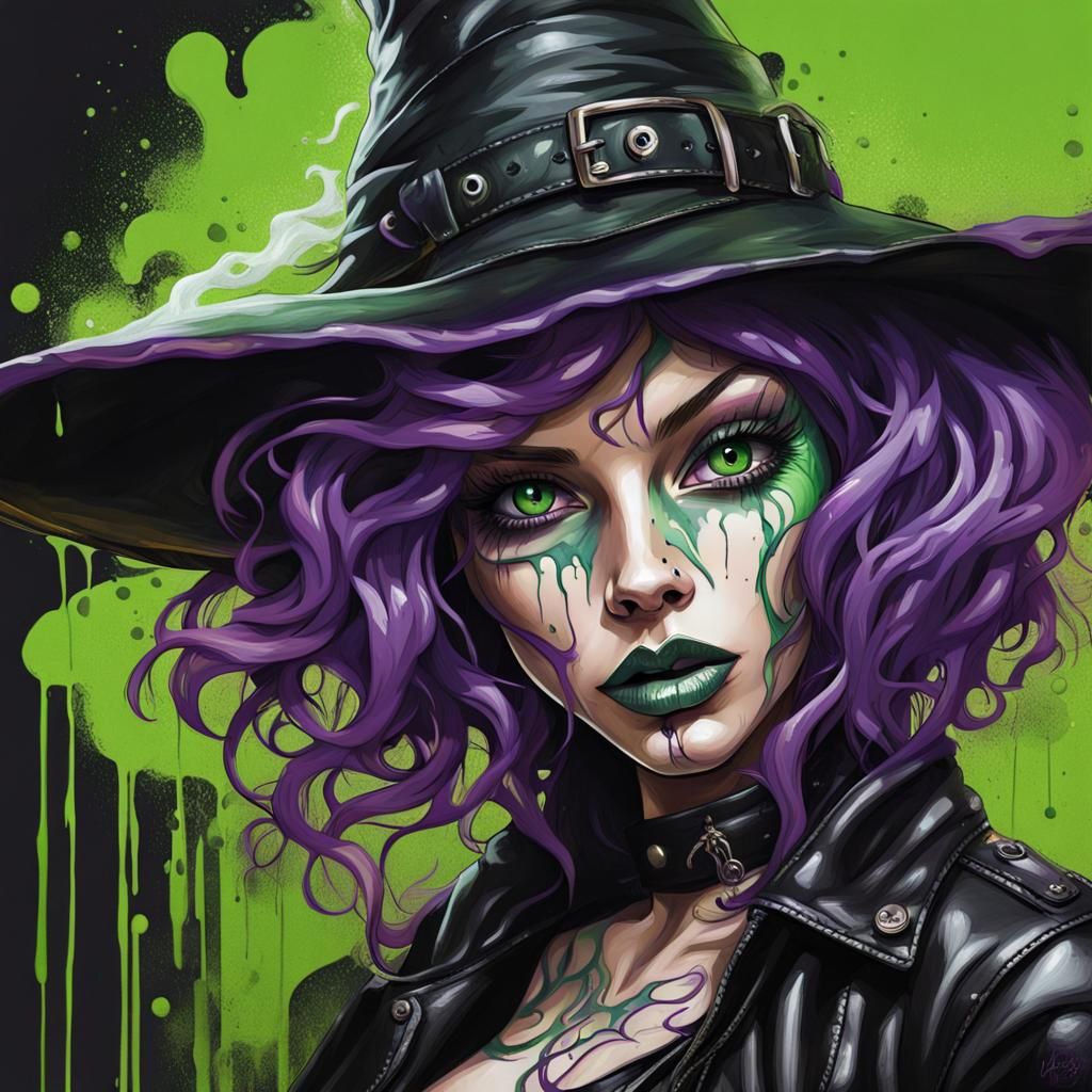 Spooky Witch with Purple Hair in Graffiti Art
