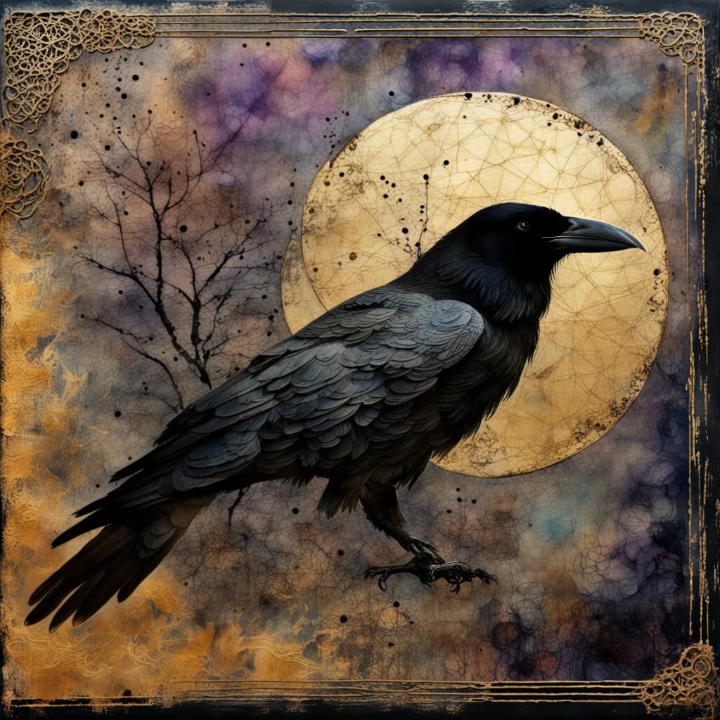 Raven and Crescent Moon Mixed Media Art