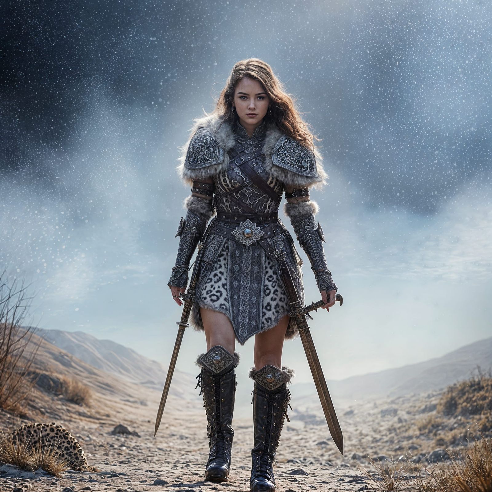 Hyperrealistic Snow Leopard Warrior Queen