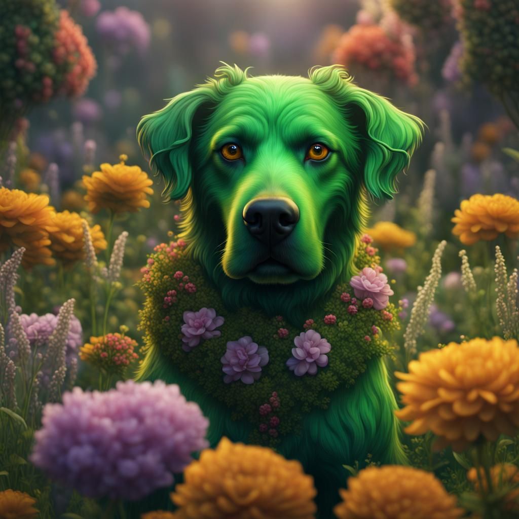 Green Dog in Flowers: Detailed Matte Painting