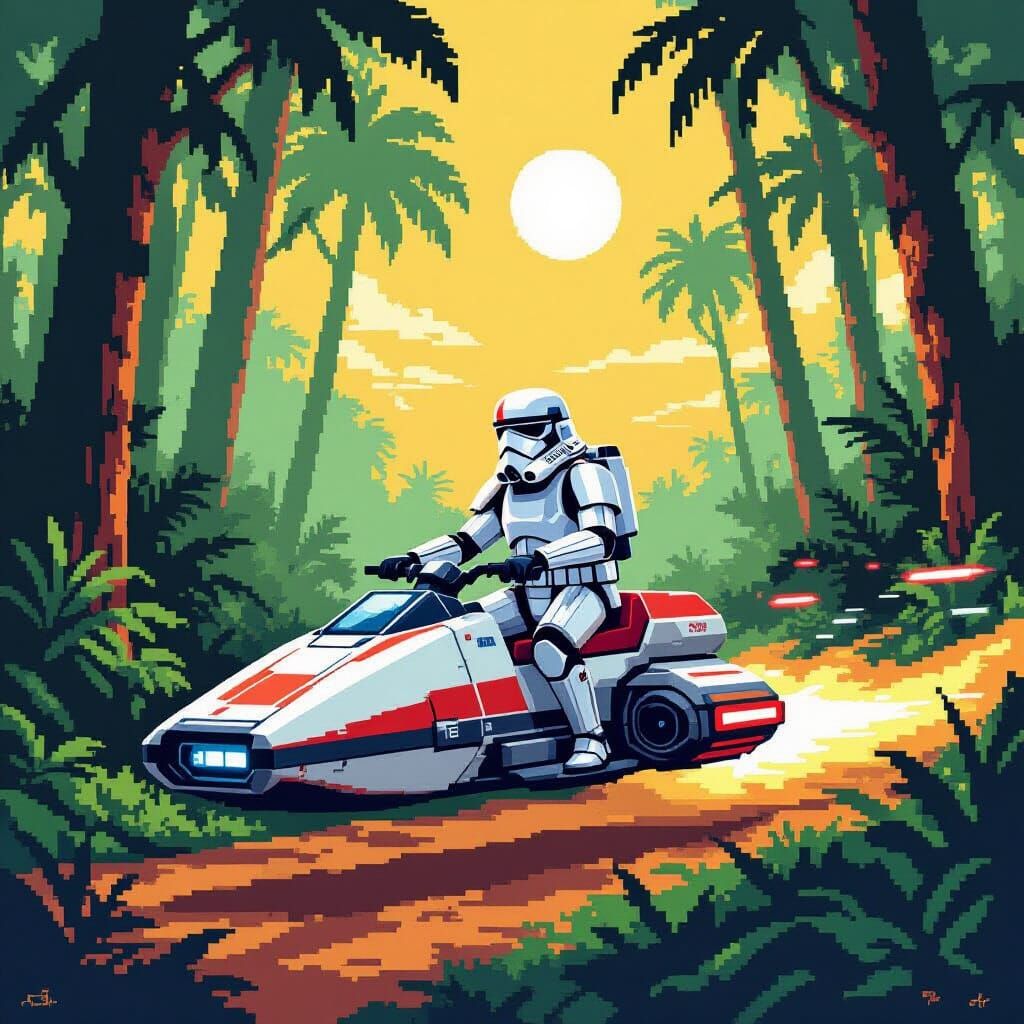 8-bit, pixel graphic image of a star wars scout trooper riding a Star wars 74-Z speeder