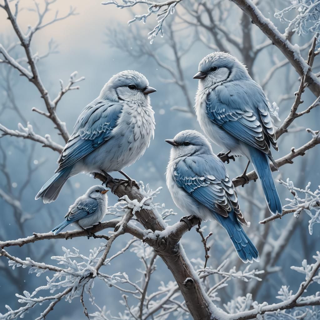 Snowy Bird Family in Winter Wonderland: Matte Painting