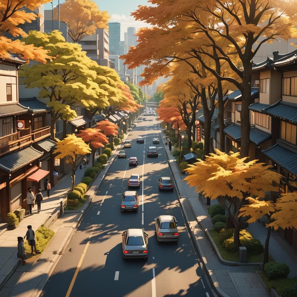 Anime-Inspired Streetscape with Golden Trees in Golden Hour