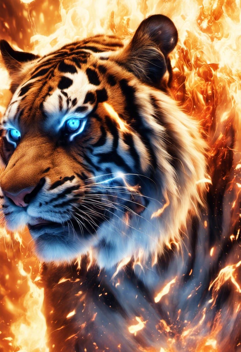 Obese Tiger with Blue Eyes in Fantasy Fire