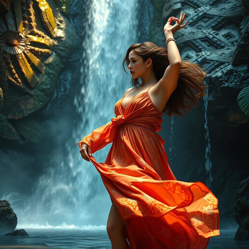 Woman Dancing in Waterfall, Ornate Art Nouveau Style