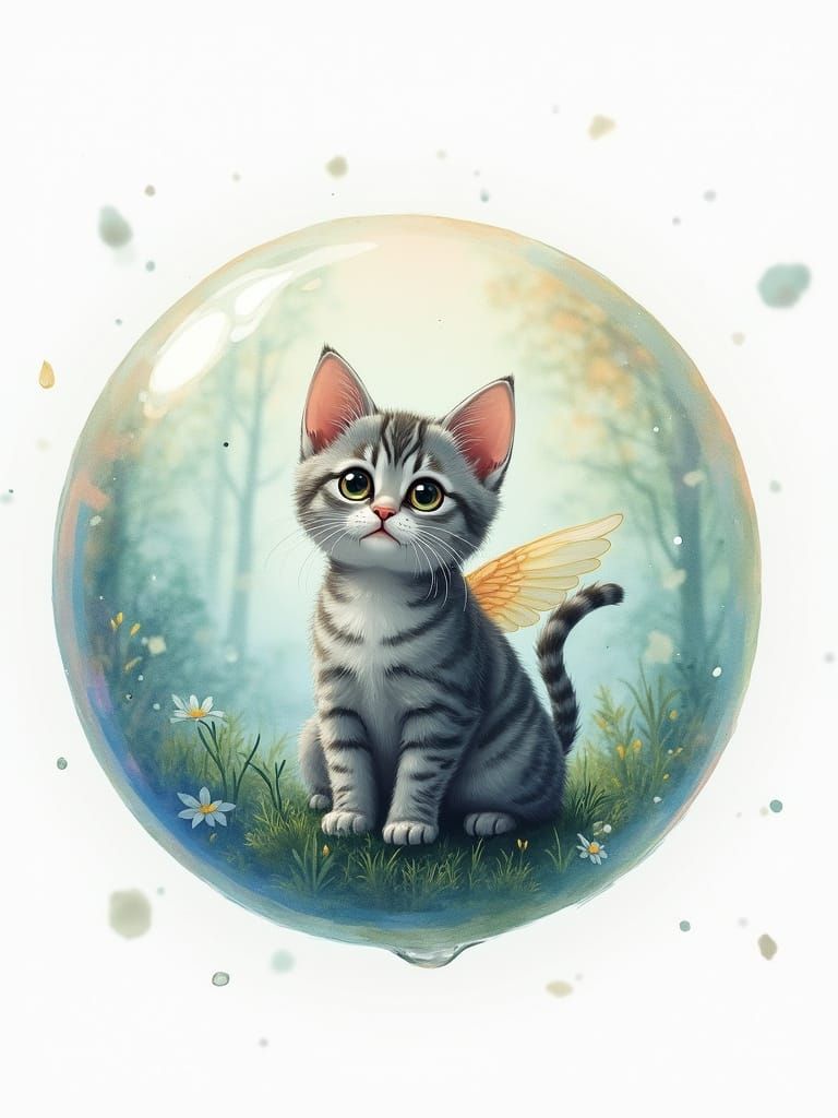 Winged Tabby Cat in Iridescent Bubble, Watercolor Art