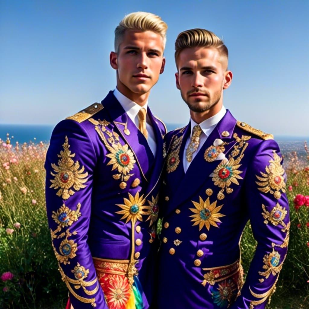 Handsome male couple wearing purple