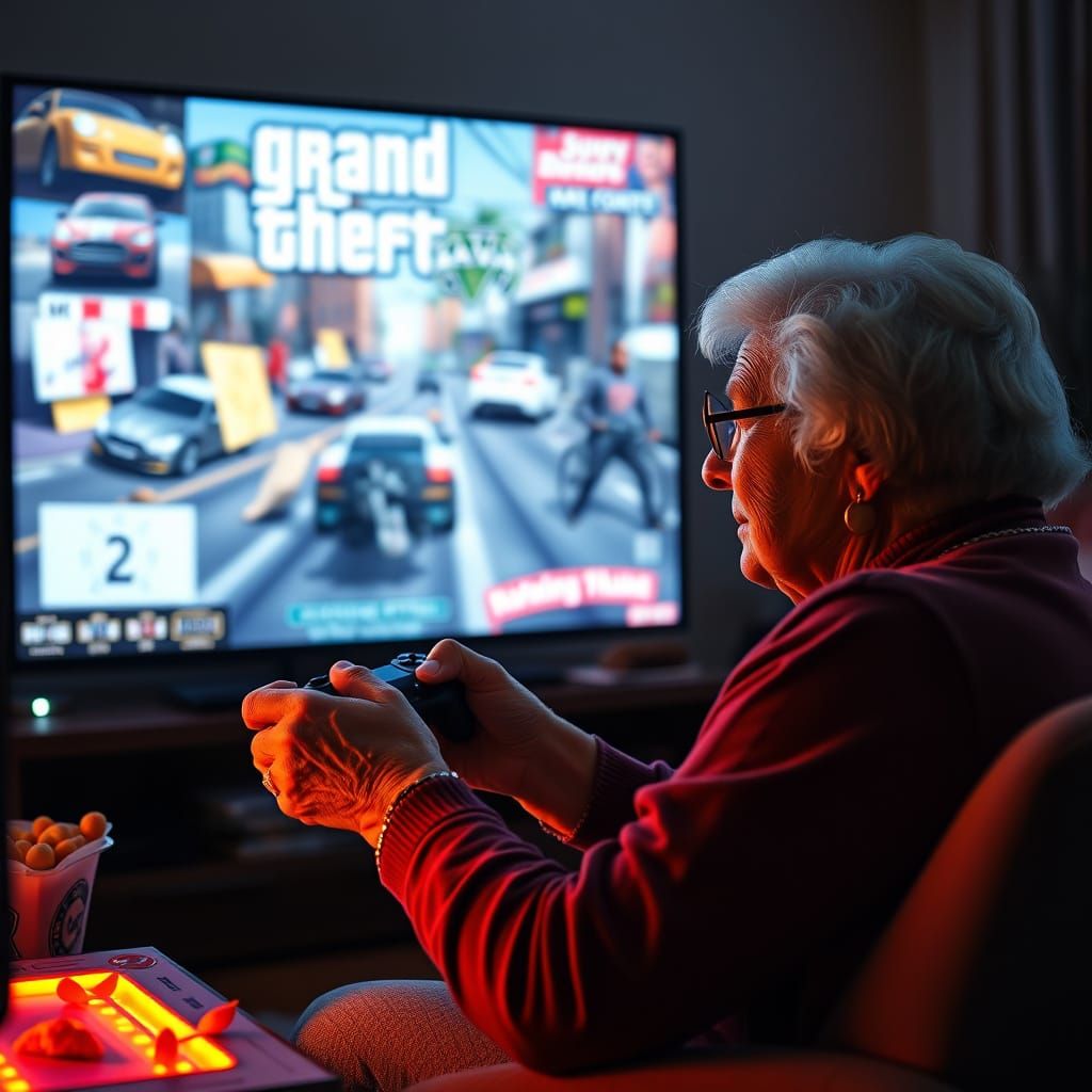Grandmother's Intense Grand Theft Auto Gaming Session