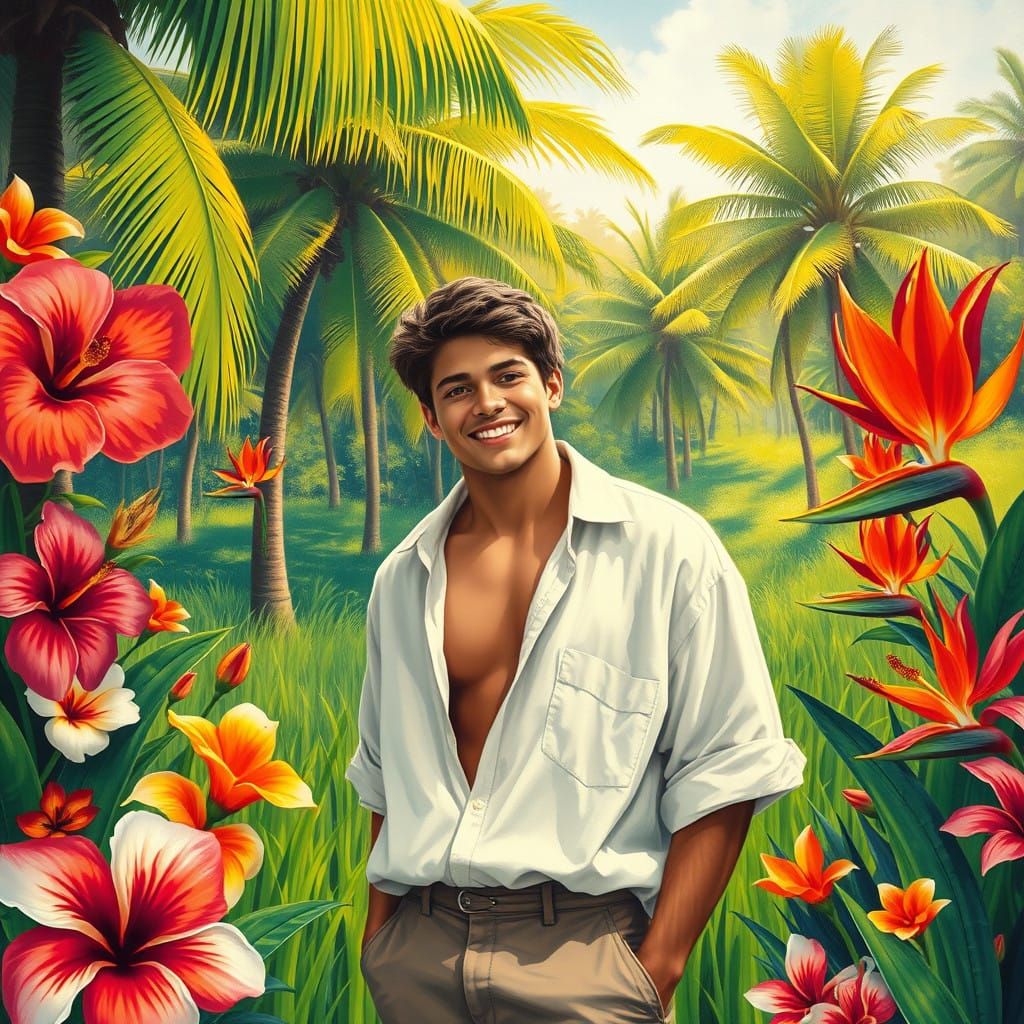 Young Man Basks in Exotic Flower Paradise