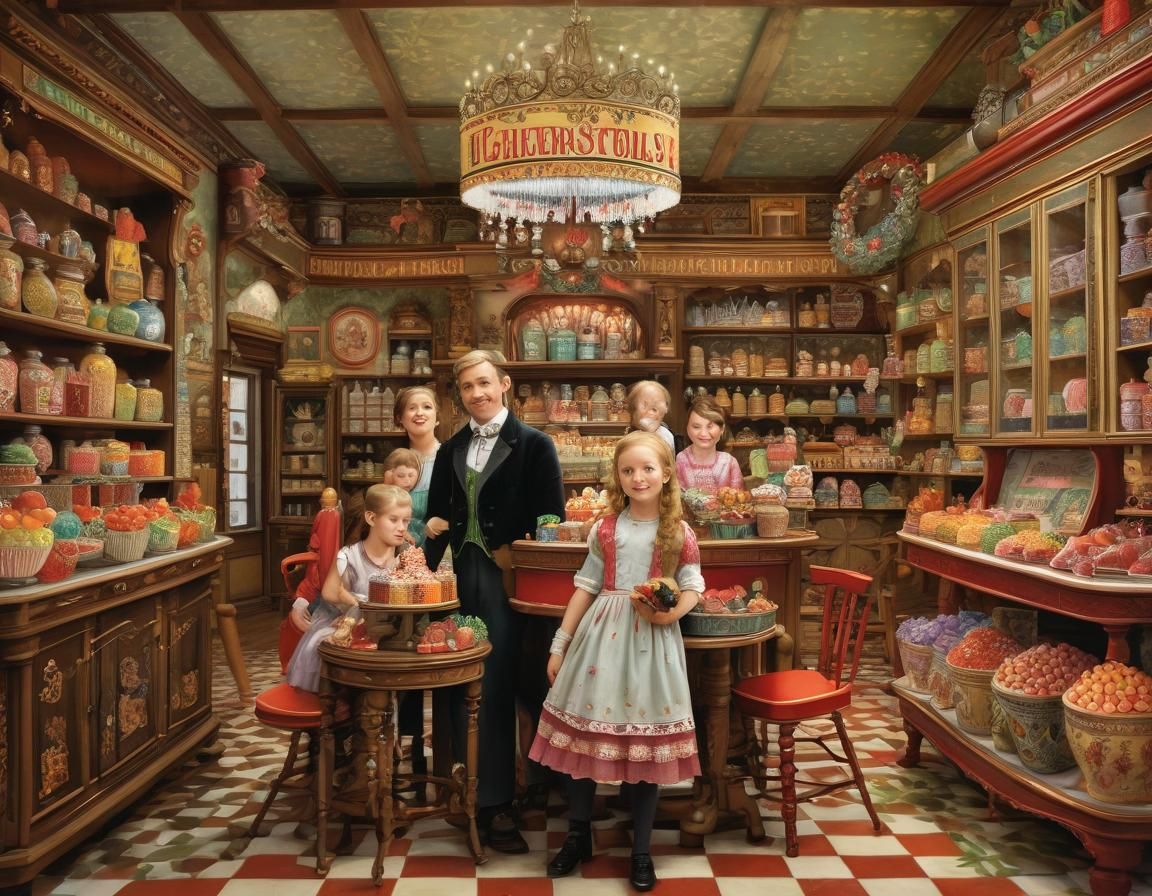 Family in Candy Shop, Detailed Illustration