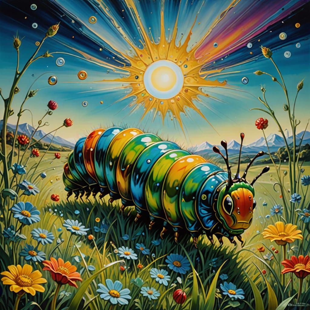 Surreal Iridescent Caterpillar in Meadow, Impasto Style