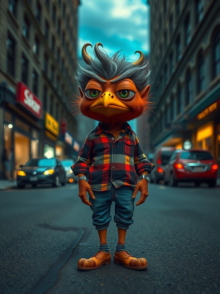 Grumpy Chick in City Street: A Stylized Dreamlike Scene