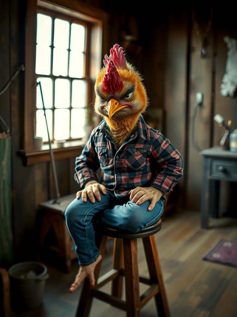 Grumpy Chick Portrait in Rustic Wooden Room
