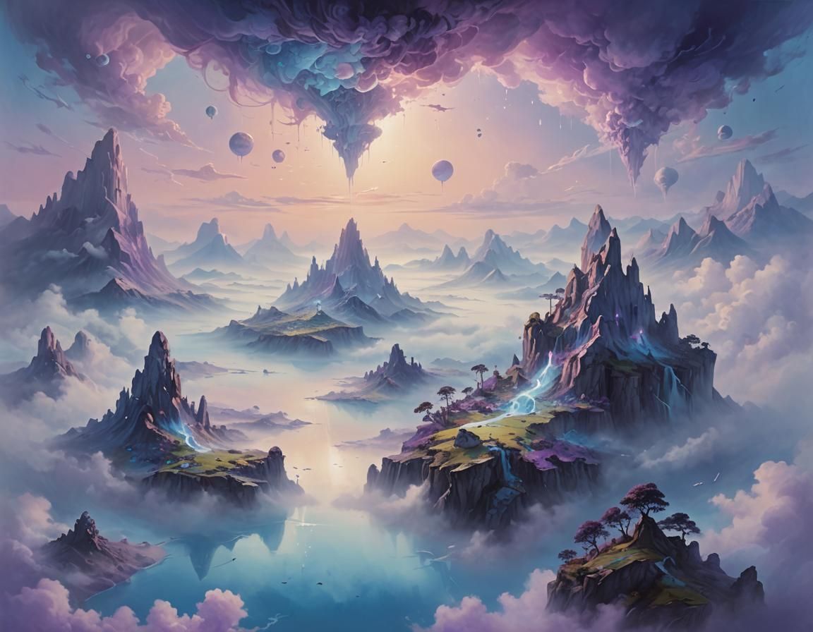 Dreamlike Blue Landscape with Floating Islands