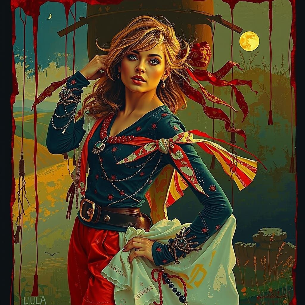 Glamorous Woman on Windswept Moor at Twilight in Oil Paintin...