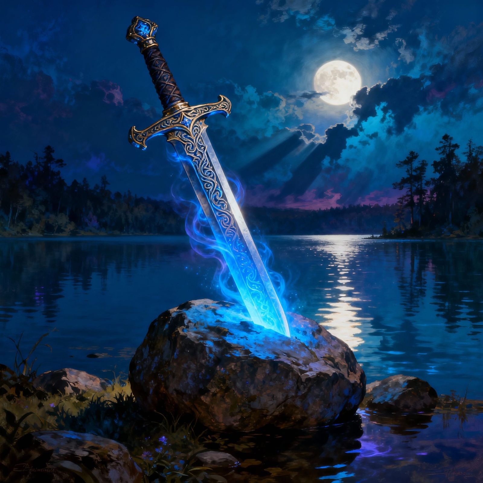 Mystical Glowing Blue Sword in Boulder by Lake