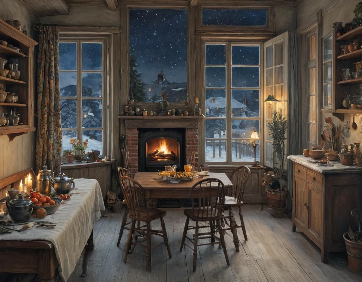Cozy Kitchen with Starry Night, Hyperdetailed Art