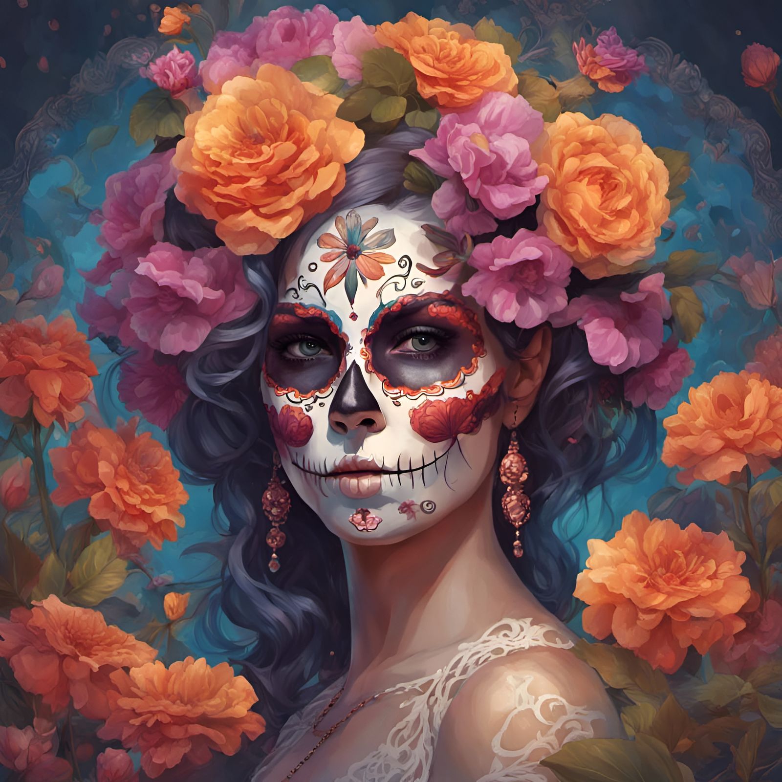 Woman in Sugar Skull Makeup with Floral Border