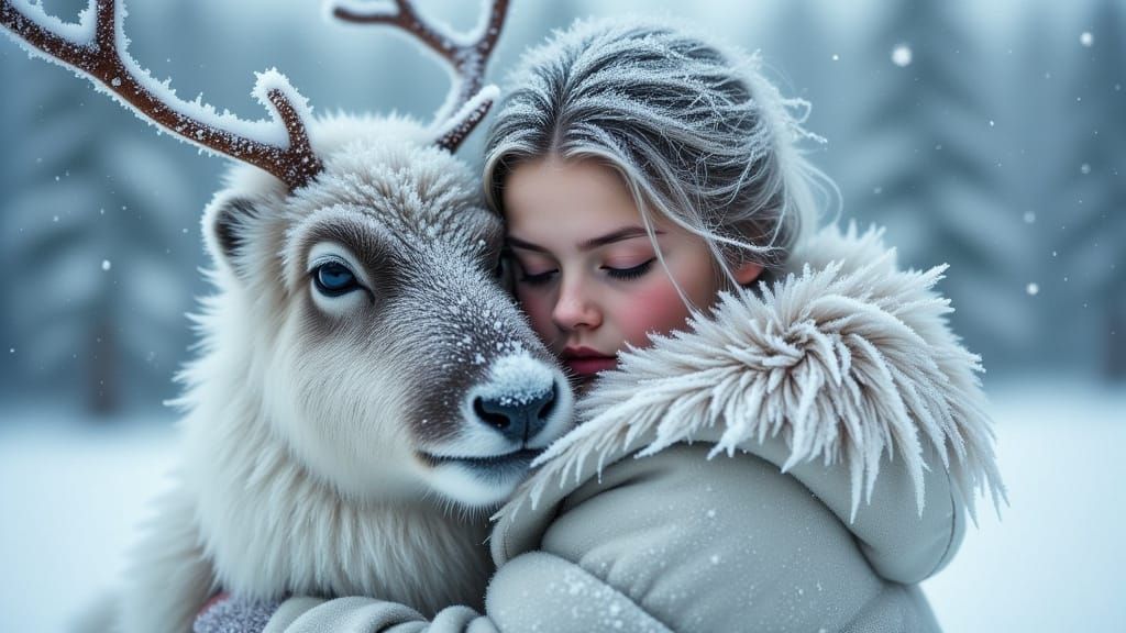 Icy Embrace: Norwegian Girl and Reindeer in Blizzard