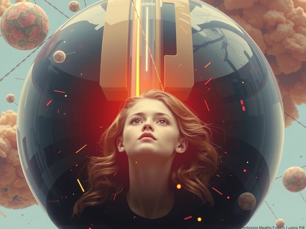 Neon Holographic Girl in Orb, Futuristic Art