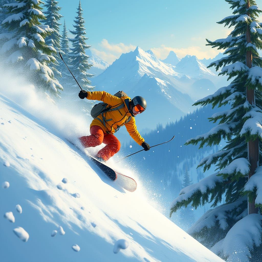 Snowboarder Descends Mountain in Impressionist Winter Scene