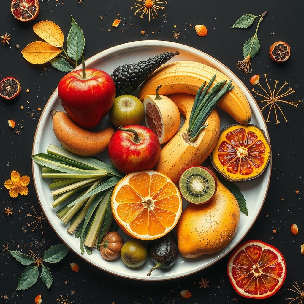 Afro-Futurist Collage of Vibrant Fruits and Vegetables in a...