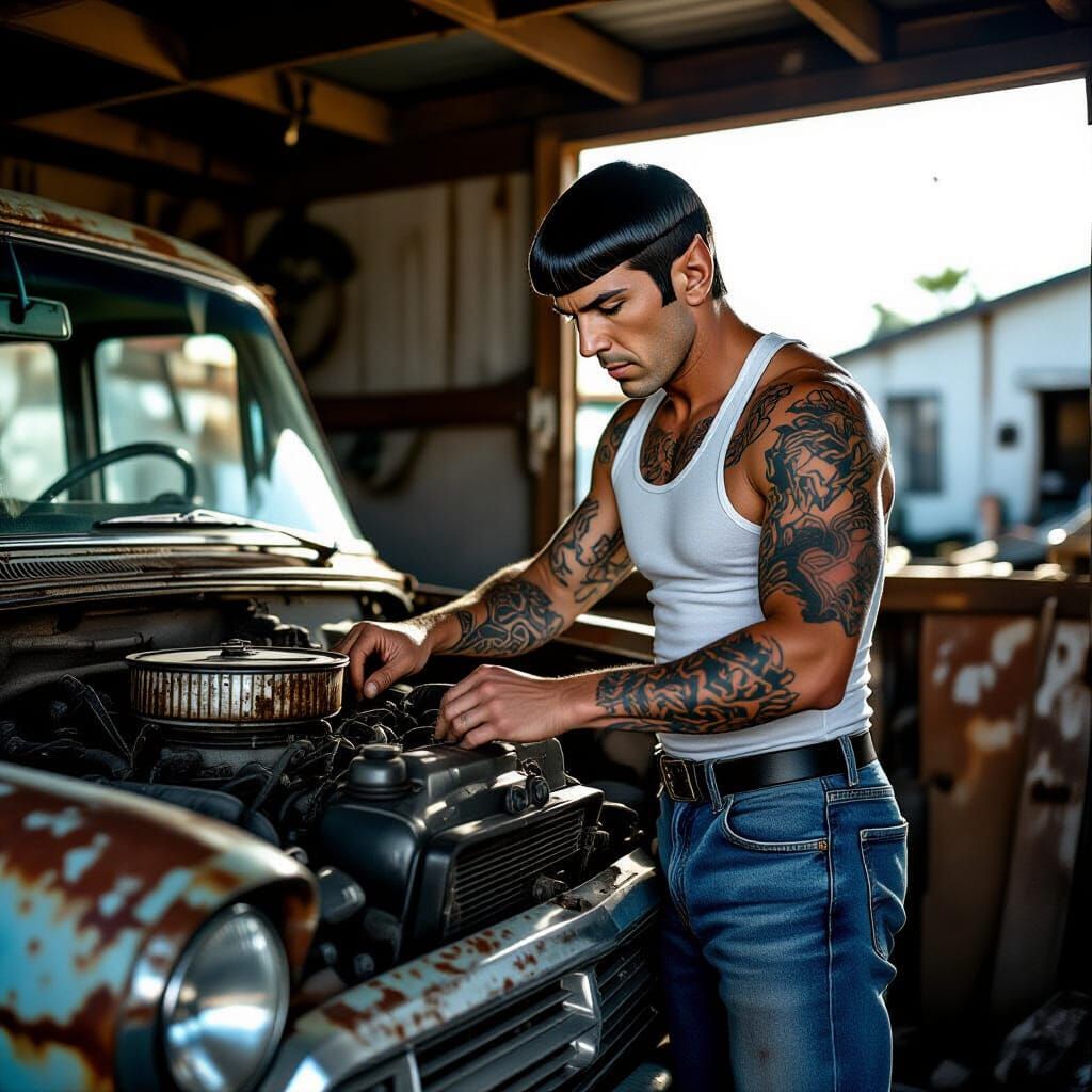 Tattooed Spock Repairs Junk Car in Trailer Park