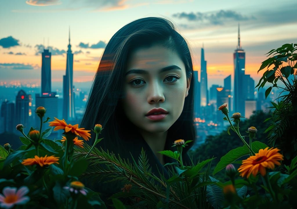 Surreal Portrait: Nature Meets Cityscape in Digital Art