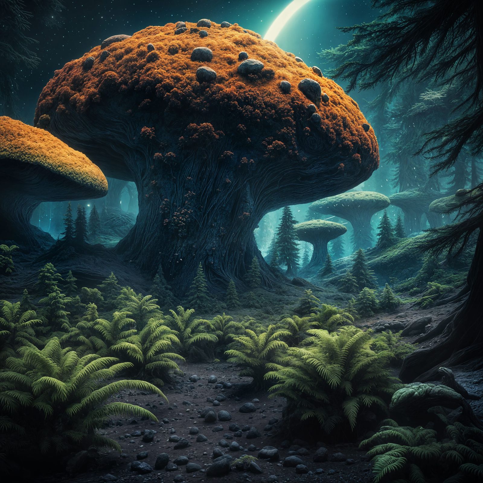 Alien Forest on Asteroid in Space: Cinematic Still