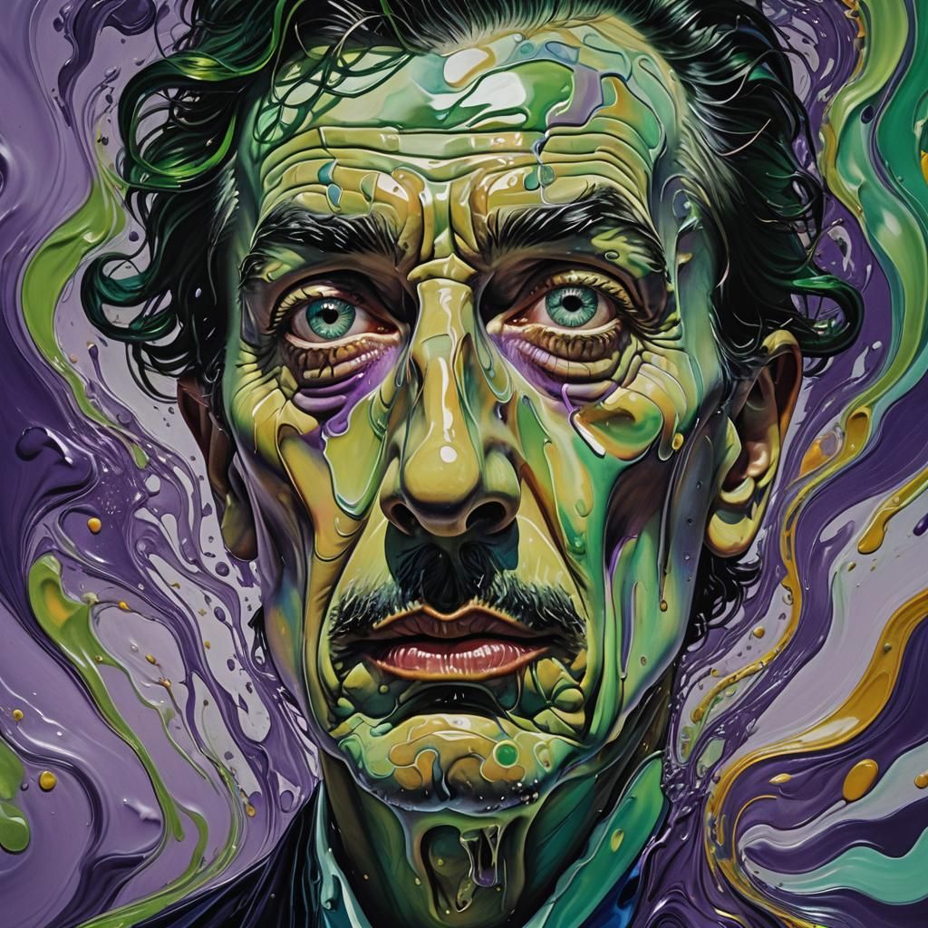 Surrealist Portrait with Swirling Colors and Distorted Featu...