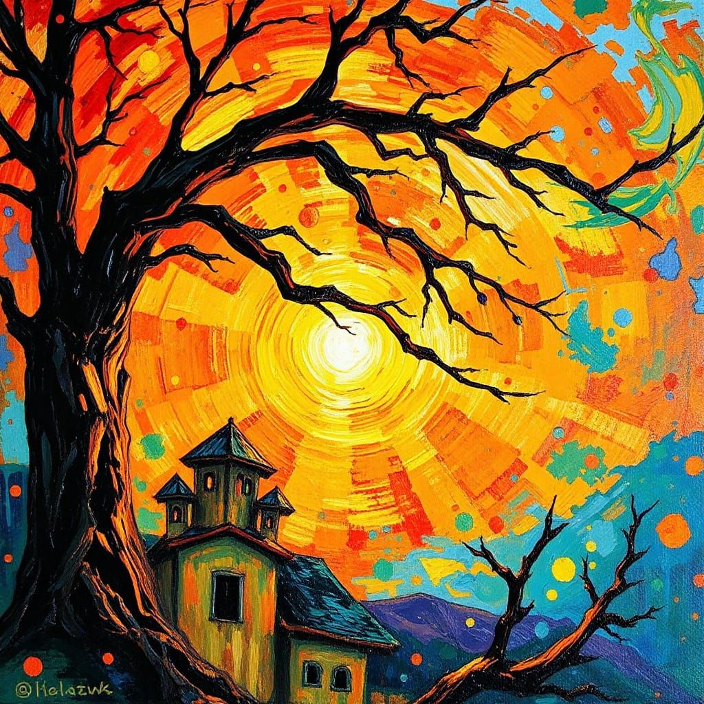 Golden Oil Painting with Thick Brushstrokes