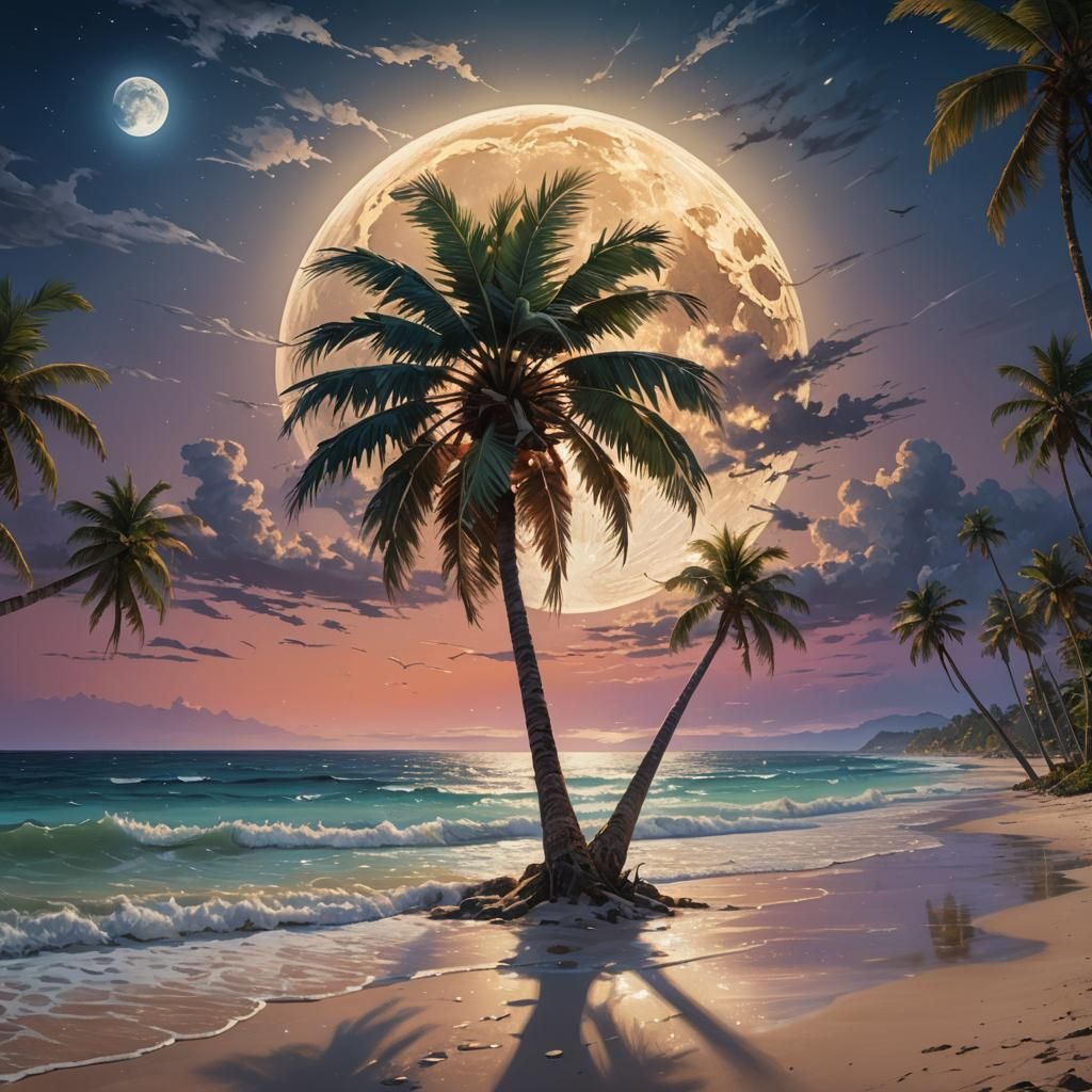 Full Moon Shines on Beach in Splash Art Style
