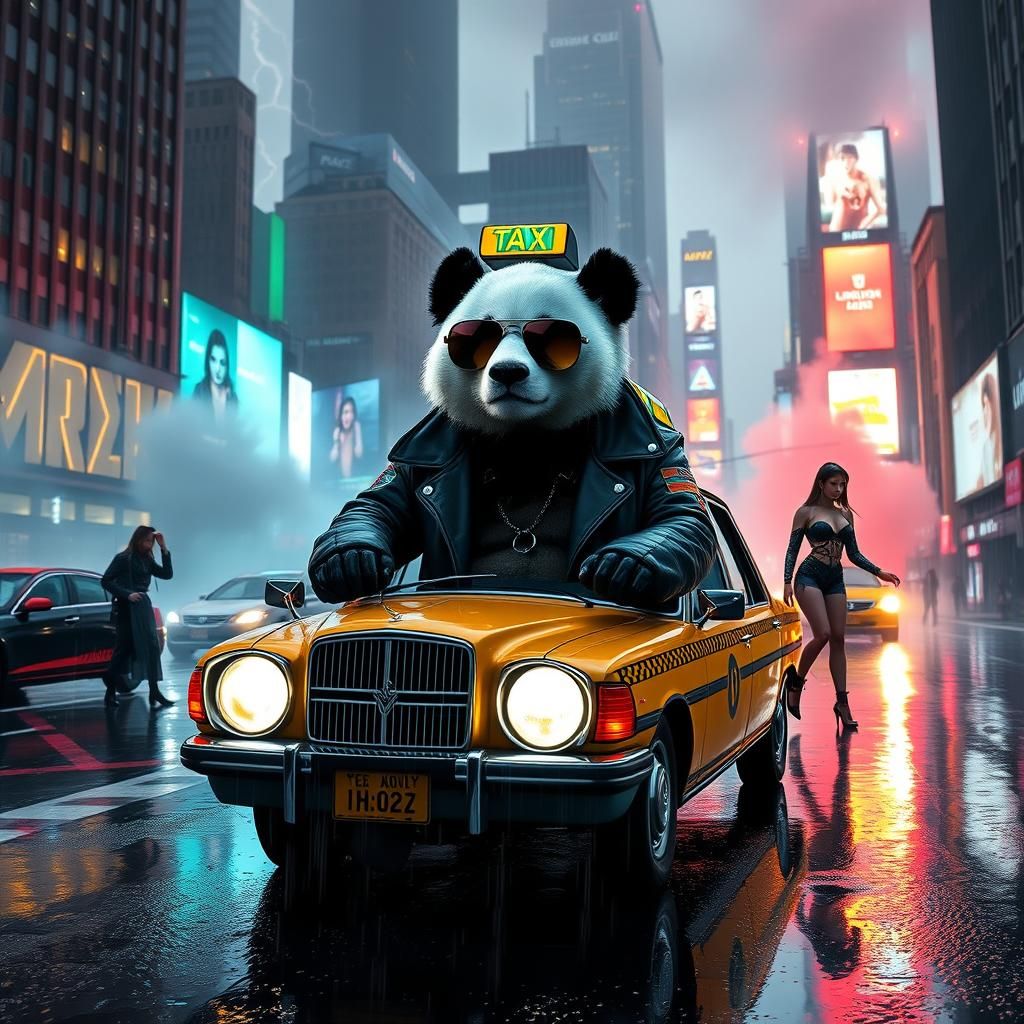 Cyberpunk Panda Navigates Dystopian New York City