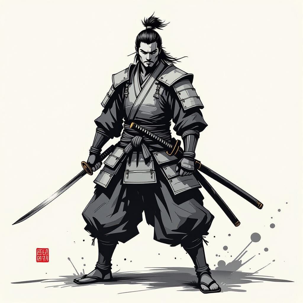 Samurai Warrior in Dramatic Pencil Sketch