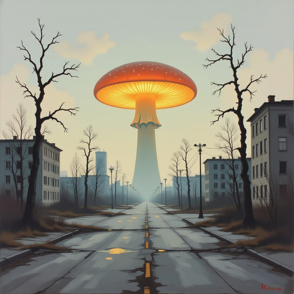 Surrealist Painting of Pripyat With Glowing Mushroom