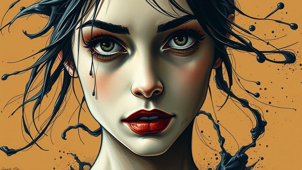 Dramatic Portrait with Ink Splashes in Mixed Media Style